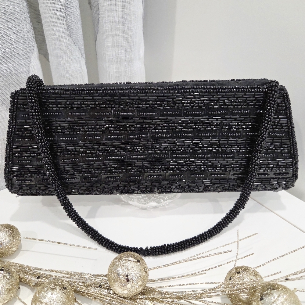 Vintage Bijoux Terner Black Beaded Clutch โ Dual-Sided Design โ Evening Glam y2K